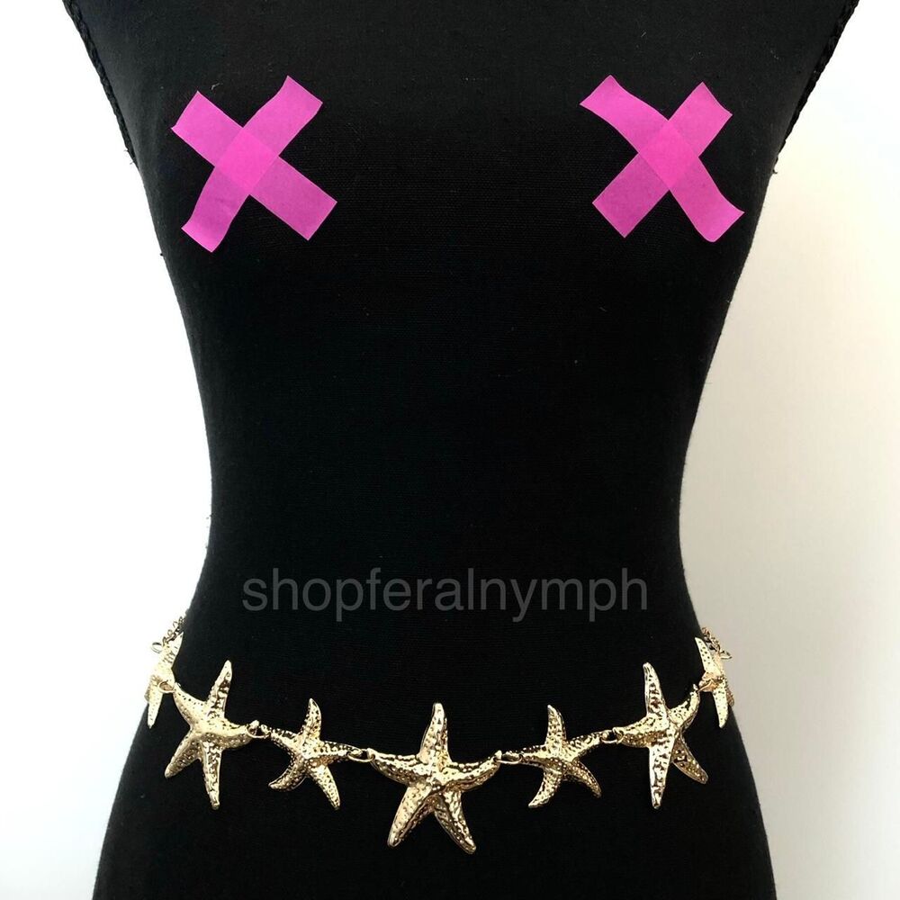 Gold Starfish Mermaidcore Beachy Chain Belt, Fits 22-42.5 Inches, X7GA1246